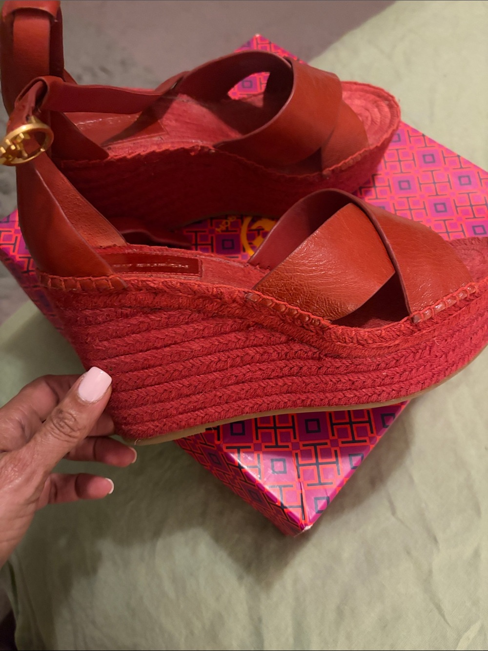 Tory Burch Red Leather Espadrille Platform Wedges